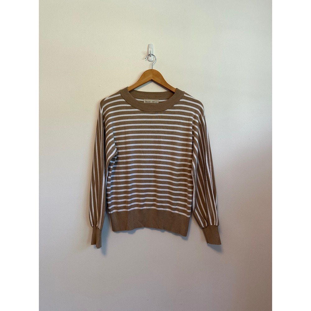 Becool Tan and White Striped Crew Neck Knit Sweater | Size S/M
